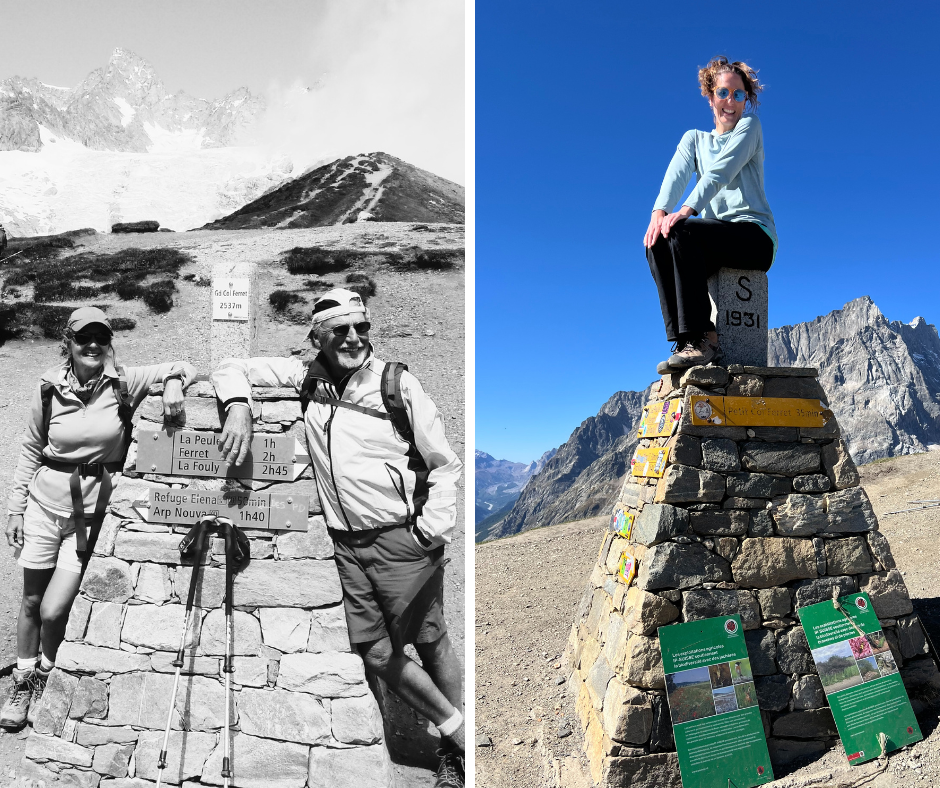 Leo LeBon and wife at Tour du Mont Blanc. Now: Steph at the Alps hiking tour