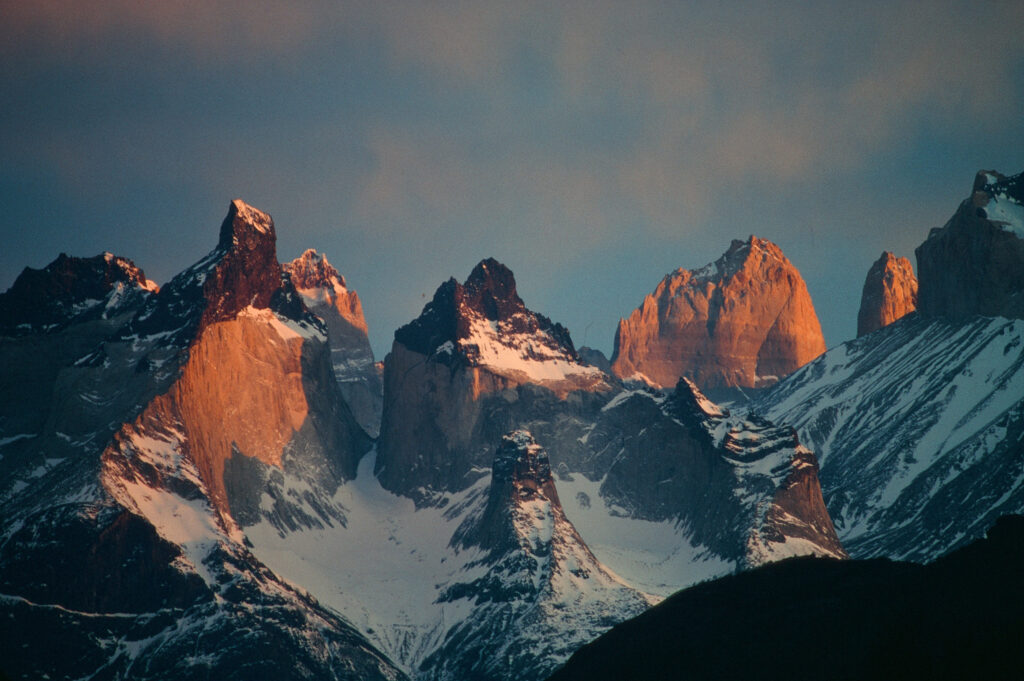 sunrise on the torres del paine, from the south