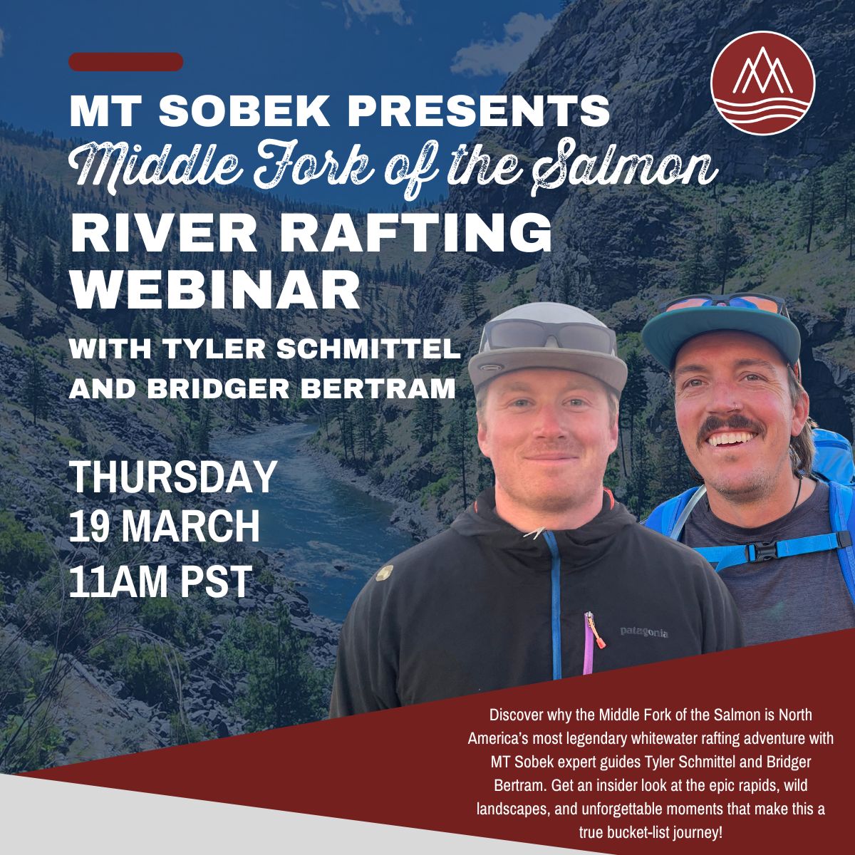 official webinar invitation card to Middle fork of the salmon river webinar hosted by MT Sobek